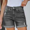 LookbookStore Jean Shorts Womens Stretchy High Waisted Ripped Denim Shorts with Pockets Trendy Distressed Cut Off Shorts (Small, Faded Black)