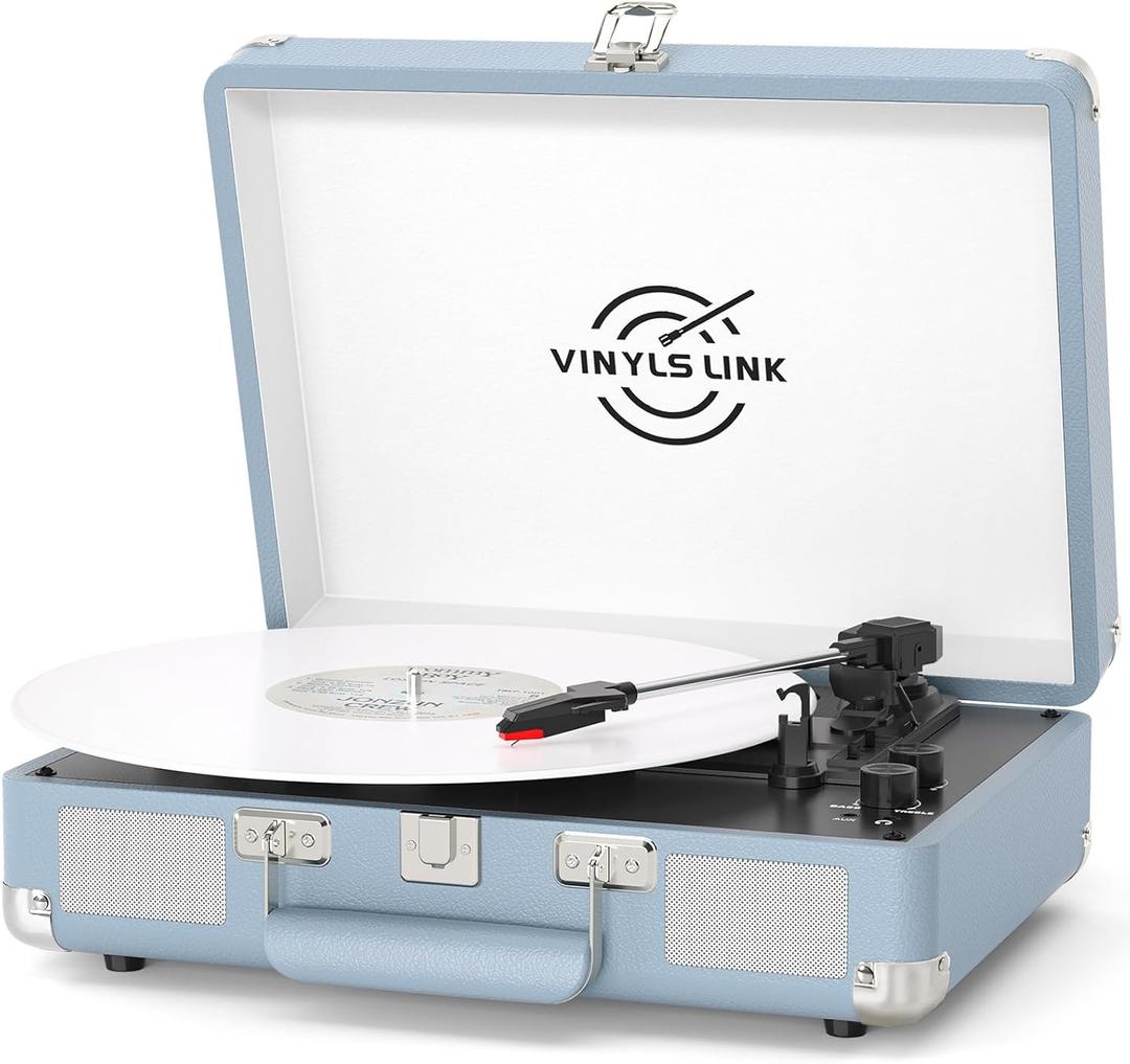 Vinyl Record Player Bluetooth, 3-Speed Turntable Vinyl Player with Built-in Stereo Speakers, Portable Suitcase Record Players with Bass/Treble Control, AUX/RCA/Headphone Jack, Blue