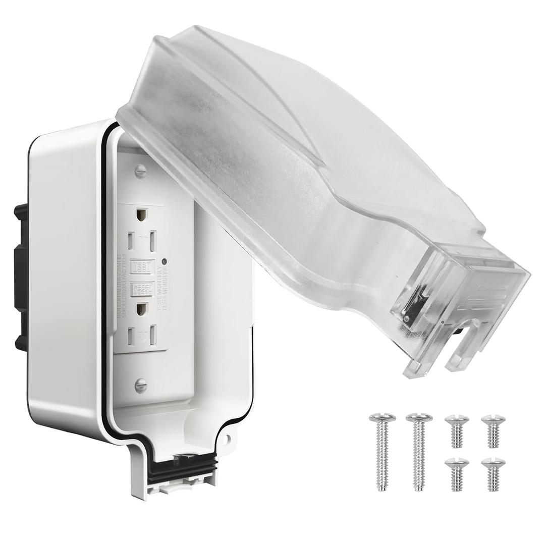 GFCI Outdoor Electrical Outlet Box, 15 Amp 110-250V, IP66 Waterproof and NEMA 5-15, Self Test Exterior Lockable Socket with Deep Cover for Patio, Garden, Easy Install