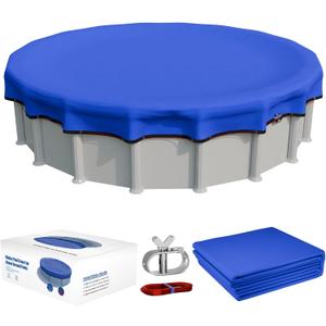 [Upgraded] 18ft/21ft/24ft/28ft Round Winter Pool Covers for Above Ground Pool Cover 18FT Cover 4FT Overlap - 500D Windproof with Steel Cable & Heavy Duty Winch - Swimming Pool Winter Cover Blue