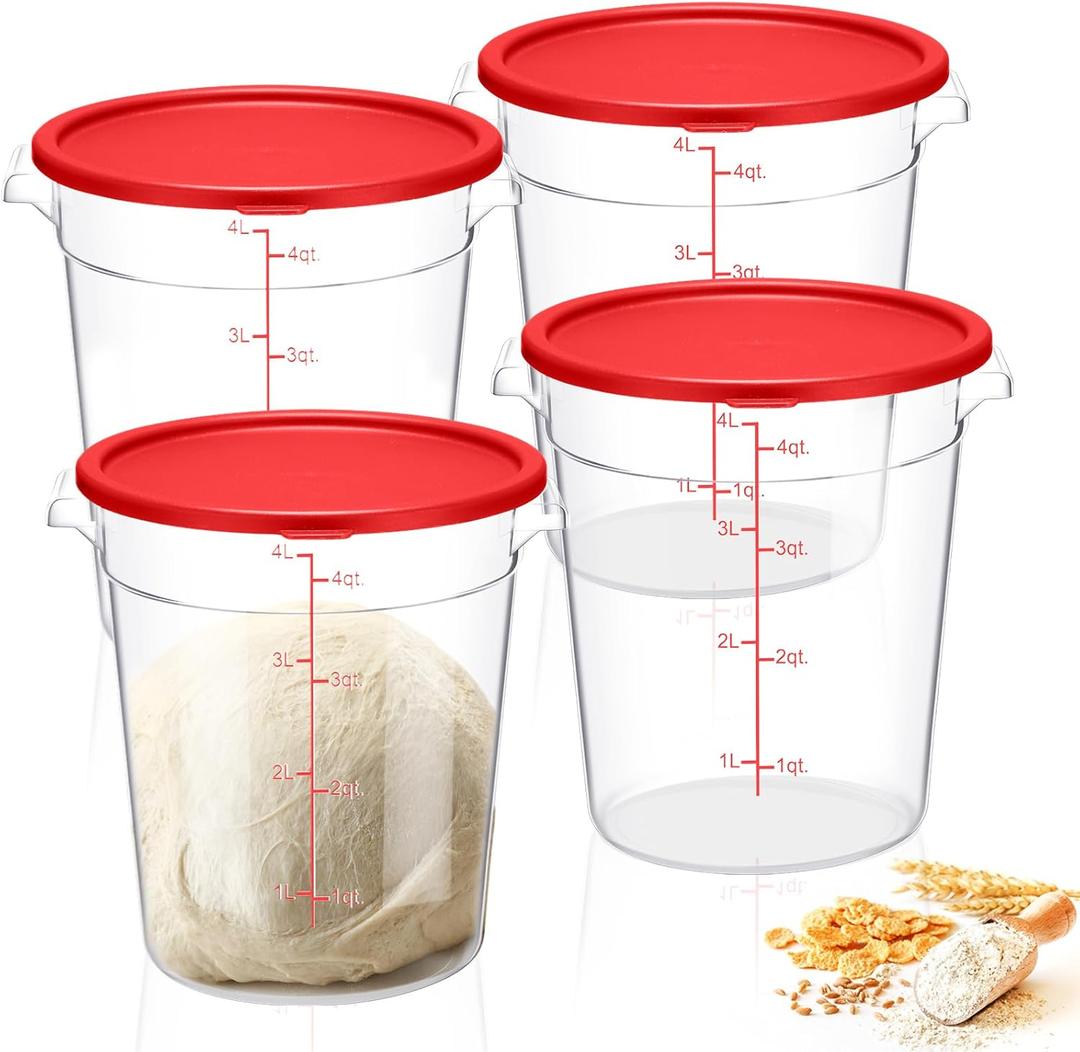 Suclain 4 Pcs 4 Qt Food Storage Container Bucket with Lids Clear Proofing Containers for Dough Rise Bread with Scale Handle Round Flour Commercial Storage Bucket for Home Restaurant Food(Red)