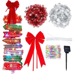 Colingmill Christmas Lamp Post Light Decorations with 8 Merry Christmas Yard Wooden Signs 16.4ft 50led Solar Light String 2 Xmas Tinsel Garlands Red Velvet Bow for Outdoor Holiday Post Lamp Yard Decor