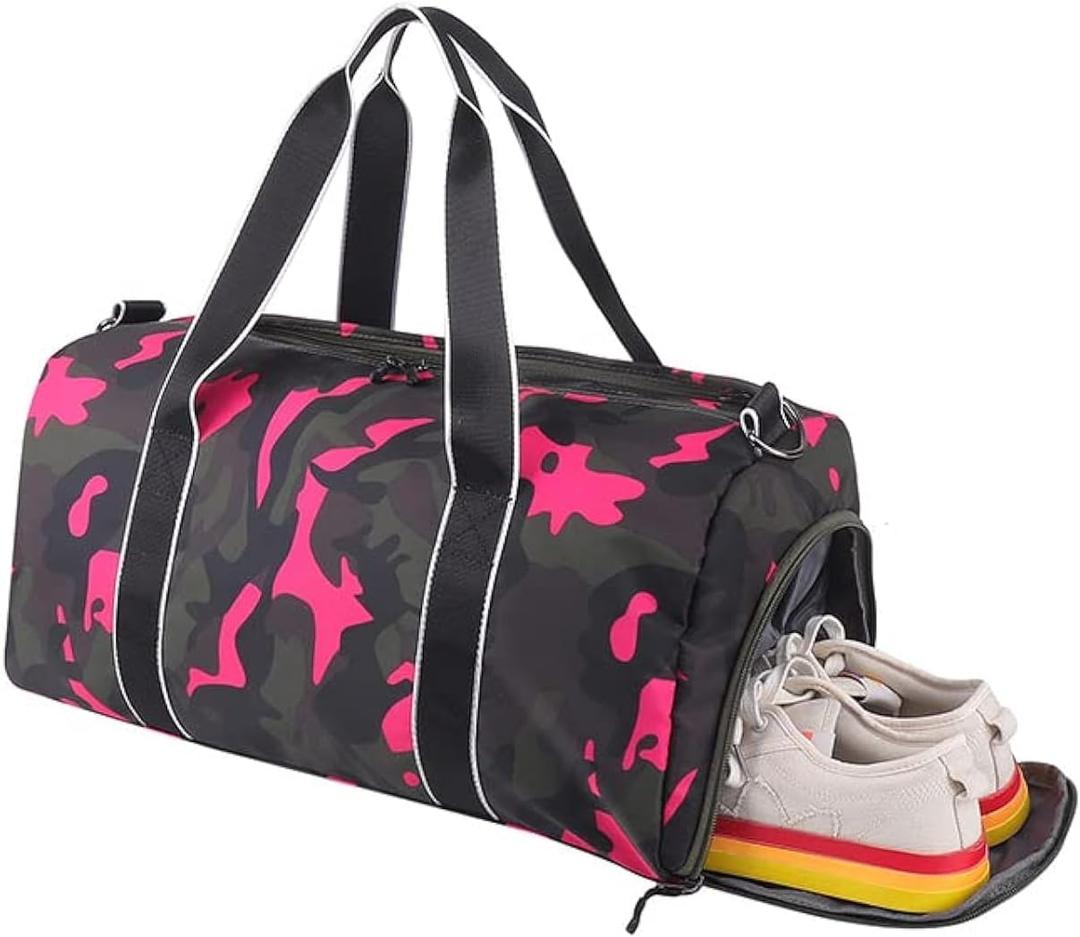 Kids Overnight Duffle Bag Girls Boys Sports Gym Bag with Shoe Compartment Wet Pocket Camouflage travel bag (Ping)