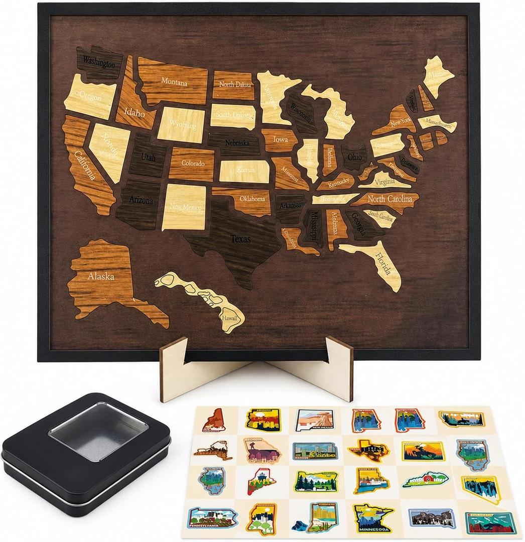 12×10" Wooden USA Travel Map Puzzle for RV Home Art Decor- 50 States Travel Tracker Map with Landmark Stickers, Storage Tin & Display Stand for Families Gift, Educational Geography Board Game