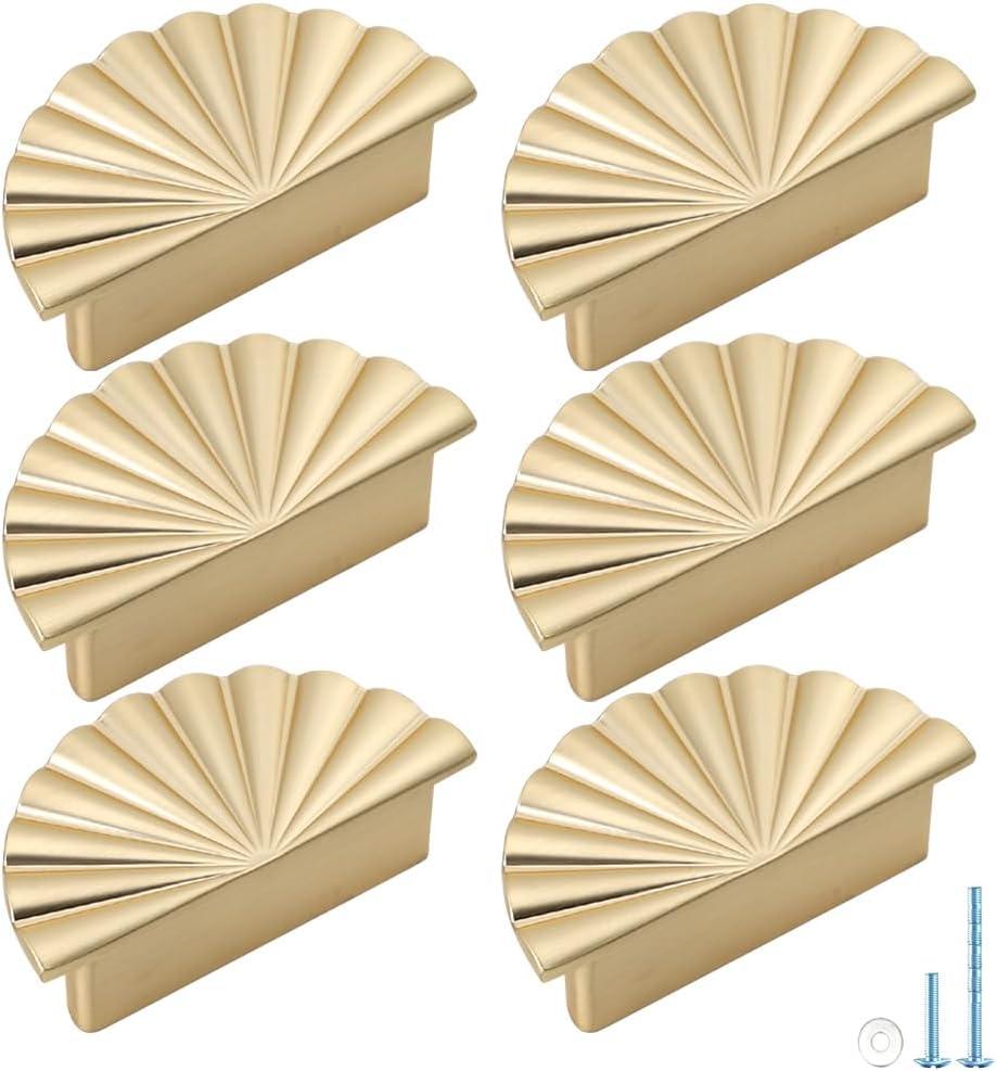 6 Pack Semicircle Sunflower Brushed Gold Cabinet Pulls,Brass Drawer Handles Knobs,Half Round Kitchen Cabinet Handles,Finger Edge Pulls Knobs with Screws (6, Brushed Gold, 2.5'' Hole Center)