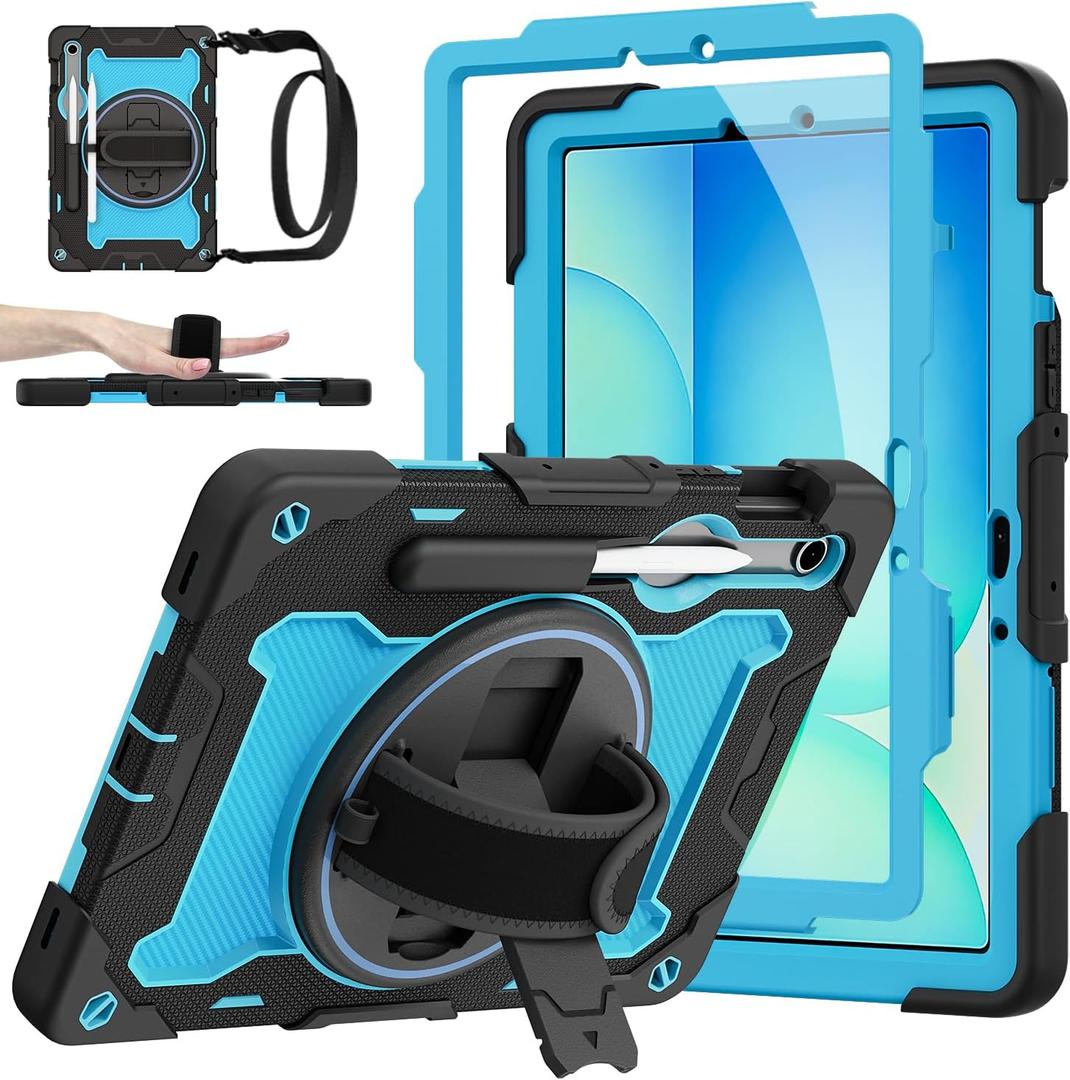 Galaxy Tab S10 Lite/S10 FE/S9 FE 5G/S9 Case 10.9"/11" with MIL-STD-810G Protection, 360 Rotating Strap, Kickstand, Screen Protector, S Pen Holder, Kid-Friendly, Light Blue/Black