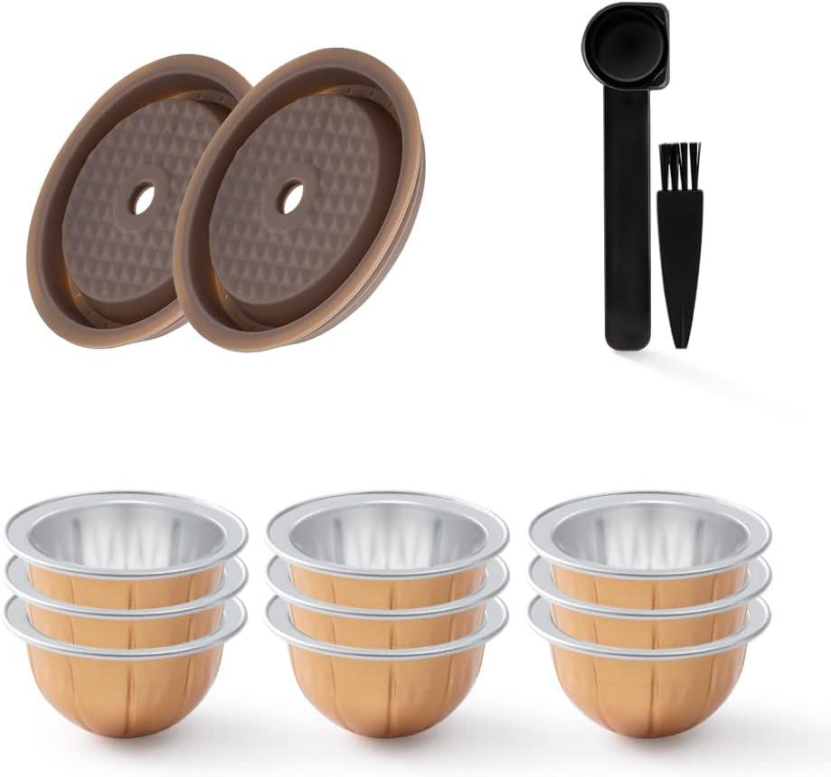 Reusable VERTUO Capsule Caps 2 Pcs + EMPTY Refillable VERTUOLINE Pods-80+150+230ml Each 3 Pcs For Vertuoline Coffee Machine, BENFUCHEN Silicone Capsule Discs For Refillable Nespresso Vertuo Pods