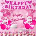 Roetyce Hot Pink Birthday Decorations for Girls, Pink Glitter Happy Birthday Banner Backdrop Balloons Hanging Swirls Cake Topper Kit, Women Kids Bday Photo Background