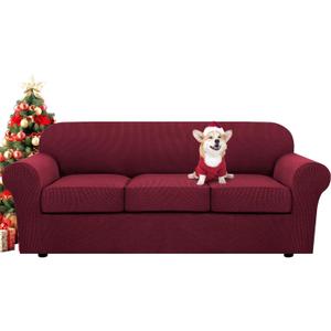 H.VERSAILTEX 4 Piece Stretch Sofa Covers for 3 Cushion Couch Covers for Living Room Furniture Slipcovers (Base Cover Plus 3 Seat Cushion Covers) Upgraded Thicker Jacquard Fabric (Sofa, Burgundy) (Large)