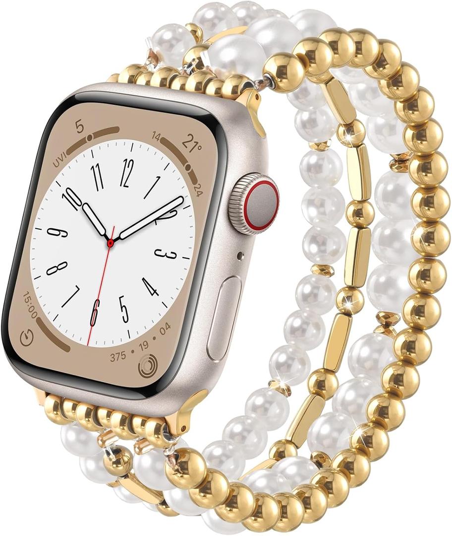 VISOOM Beaded Boho Bracelet Compatible For Apple Watch Bands 38/ 40/ 41/ 42mm Women - Stainless Steel Beaded Iwatch Bands For Gold Apple Watch Series 11/ 10/ Se/ 9/ 8/ 7/ 6/ 5/ 4/ 3/ 2/ 1 Pearl Bracelet Band Cute