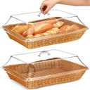 Mumufy 2 Pack Wicker Large Bread Basket for Serving with Acrylic Lid Woven Rectangular Imitation Rattan Fruit Basket with Cover Food Vegetable Display Tabletop Restaurant Kitchen (17.72x13.78'')