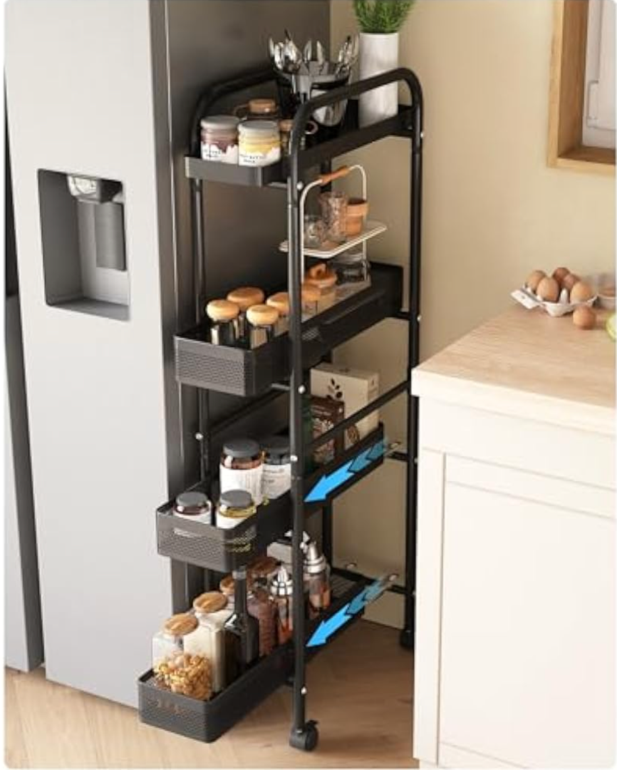 UMDONX Slim Storage Cart 4 Tier with Pull Out Basket Bathroom Organizer Rolling cart, Rolling Utility Cart Slide Out Organizer for Kitchen, Bathroom, Laundry Black