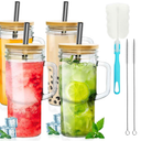 OTOB 4 Pack Glass Tumbler with Straws and Lids, 24oz Iced Coffee Mason Jar Cups, Clear Tumblers with Handle Bamboo Lid, Wide Mouth Boba Drinking Water Glasses for Smoothies Beer Juice Tea Soda Fruit