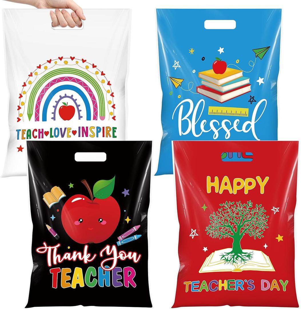 Pasimy 48 Pcs 15 in Large Teacher Appreciation Bags Thank You Teacher Goodie Plastic Bags Bulk with Handle for Candy Gift Treat Party Favors School Staff Supplies