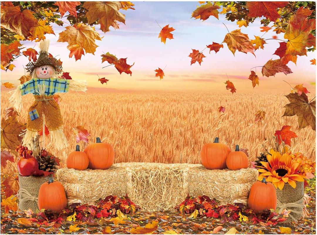 Funnytree 8X6FT Fall Backdrop Autumn Pumpkin Harvest Thanksgiving Hay Maple Leaves Background Baby Shower Birthday Party Decor Portrait Studio Photobooth Photography Props Gift Supplies