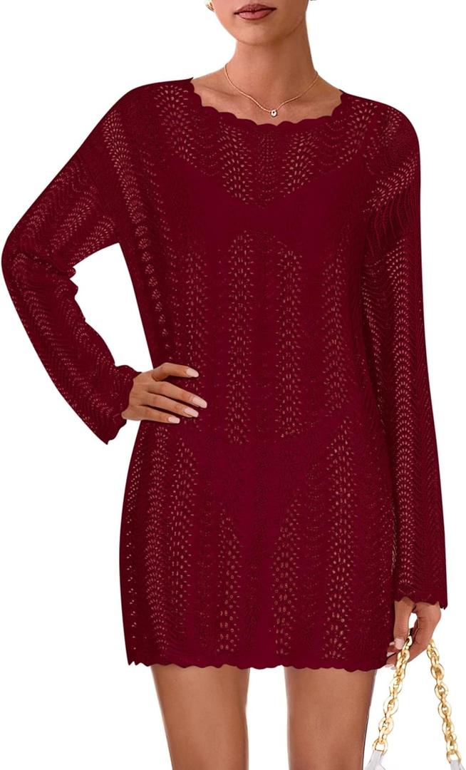 PRETTYGARDEN Women's Swimsuit Cover Up 2025 Summer Bathing Suit Swimwear Crochet Knit Dress Fashion Beach Vacation Clothes (Red, XL)