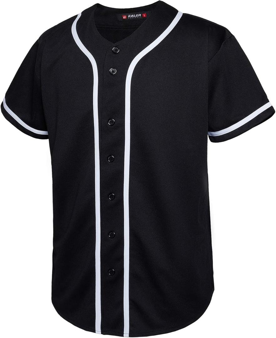 EALER BJ80 Series Men's Baseball Jersey Button Down Shirts Short Sleeve Hipster Hip Hop Sports Uniforms (X-Large, Black)