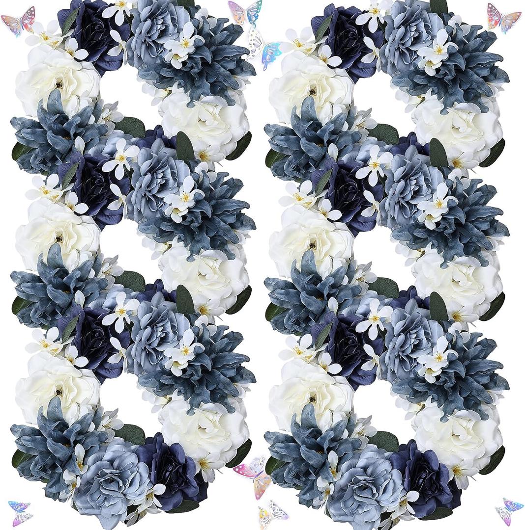 Artificial Flower Candle Rings - 6 Inch Inner Rose Floral Wreaths with Butterflies for Wedding Bridal Event Table Centerpieces Backdrop Decorations (Navy Blue & White, 6 X Candle Rings)