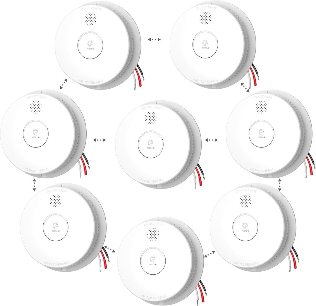 Ecoey Hardwired Smoke Detector Interconnectable UP to 12 Units, Smoke Detector 10 Year with Replaceable 9V Backup Battery, Fire Alarms Smoke Detectors with Photoelectric Sensor, 8 Packs