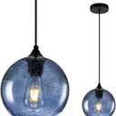 Blue Glass Pendant Lights Kitchen Island Modern Globe Hand Blown Glass Ceiling Hanging Lights fixtures for Living Dining Room Bedroom (7.8in)