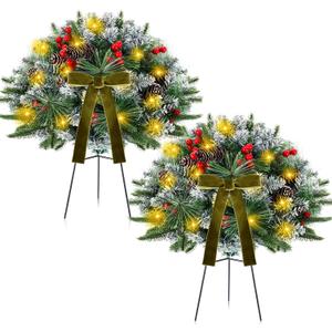 2 Pack 18" Lighted Outdoor Christmas Urn Filler with Remote & Timer, 60 LEDs Pre-lit Snowy Artificial Xmas Tree Planter Insert, Velvet Bows for Front Porch, Yard Decor(Olive Green)