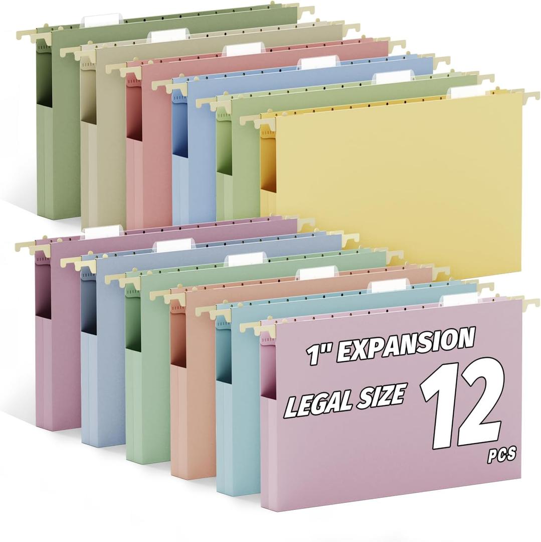 Ansook 12 Pack Hanging File Folders, Plastic 1 Inch Expansion Legal Size File Folders with Adjustable Tabs, Assorted Colors Hanging Organizers for Filing Cabinet, Home Office Law Firm Document Storage