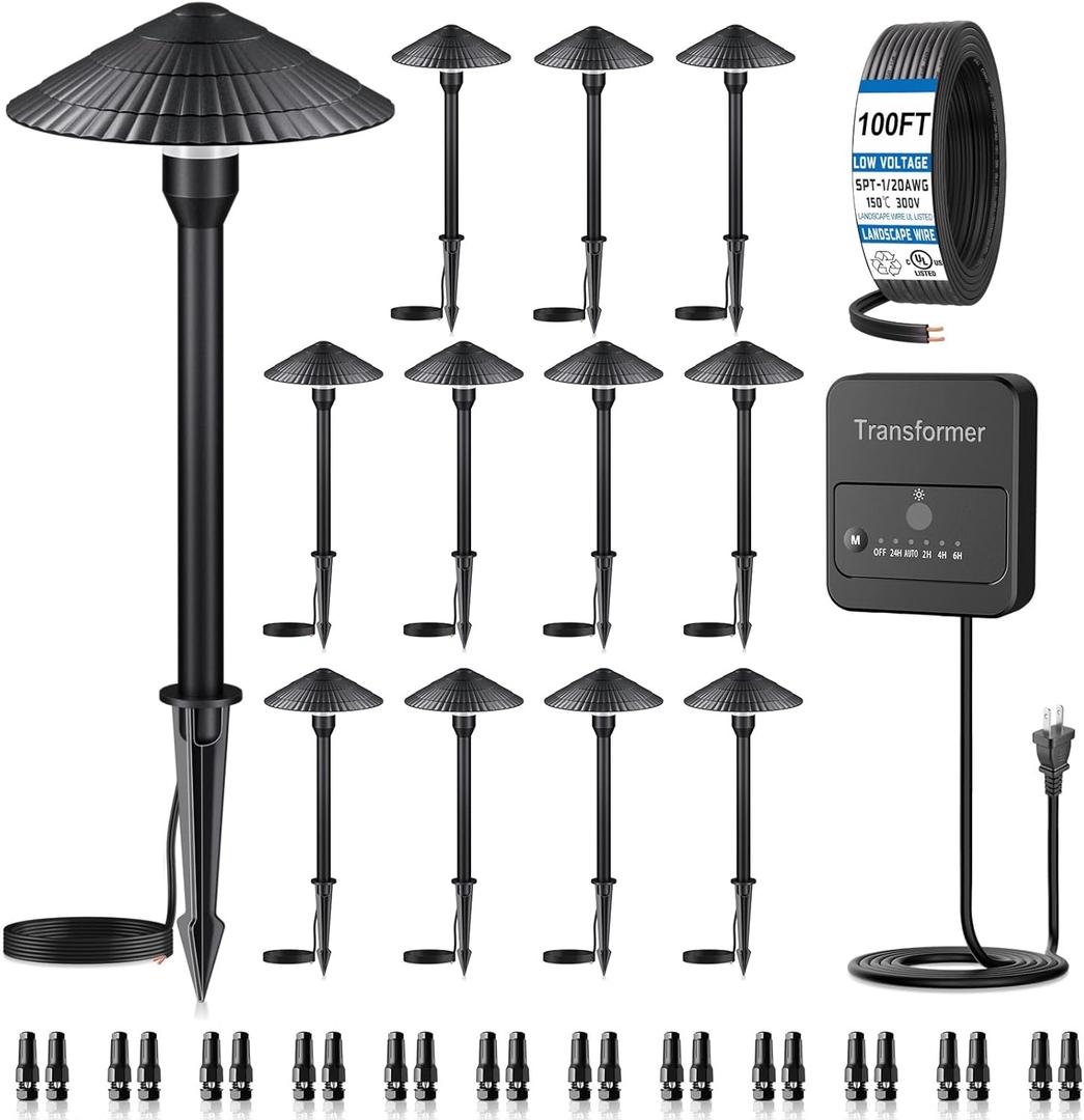 ZZXX All-in-One Low Voltage Landscape Lighting Kit 12-Pathway Lights with 96W Transformer, 5W LED Landscape Lighting Low Voltage 12-24V,IP66 Waterproof Outdoor Lights 2700K for Yard Patio Walkway