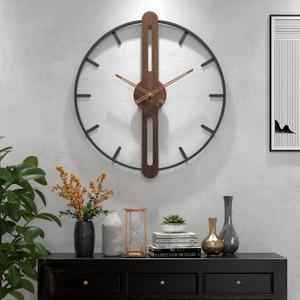 Modern Walnut Dial Wall Clock, Wood Large Wall Clock Decor Metal Frame Silent Non Ticking for Living Room, Bedroom, Kitchen, Study Decoration, Handmade Home Present Idea, 20 in 50 cm