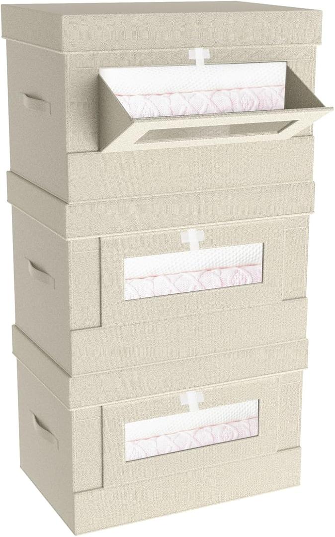 Large No Smell Storage Bins with Lids - Fabric Storage Bins with Handles for Living Room, Foldable Closet Organizers with Window for Clothes, Towels(3 Pack, Beige)
