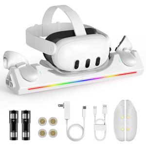 Charging Dock for Oculus Quest 3S/Quest 3, Magnetic Charging Station for Meta Quest 3S VR Headset & Controllers, with 2 Rechargeable 2100mAh Batteries, USB-C Charger and Cable, Supports LED Indicator