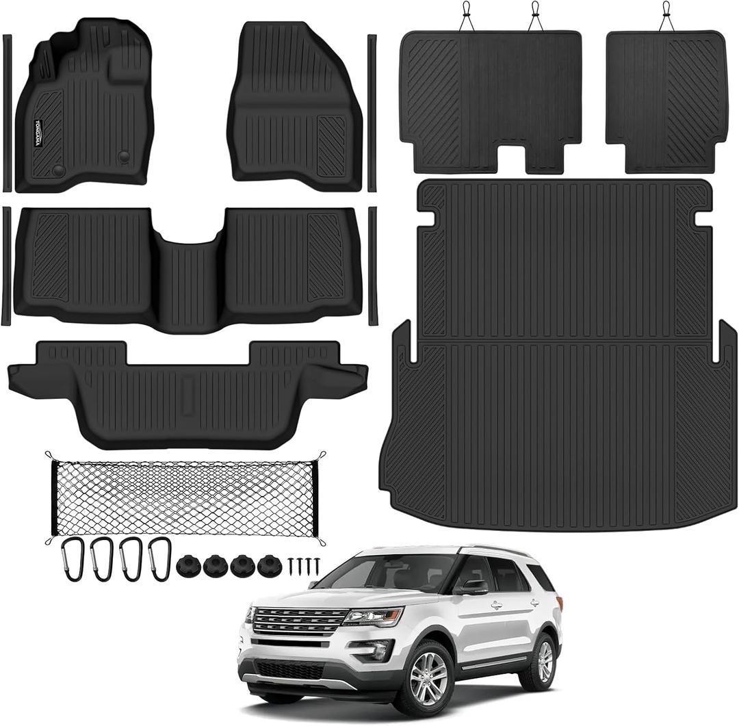 Tongama-Floor Mats for 2015-2019 Ford Explorer, All Weather TPE Trunk Mat and 2nd Row Backrest Mats Protectors and Cargo Net and Door Sill Guards for Explorer Floor Liner Accessories
