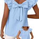 Falechay Womens Tops Cute Going Out Round Neck Shirt 2025 Summer Trendy Women Blouse Babydoll Short Sleeve Bow Tie Top Puffed Hem Basic Tee Casual Ruffle Butterfly Sleeves Loose Fit Light Blue Tunic S