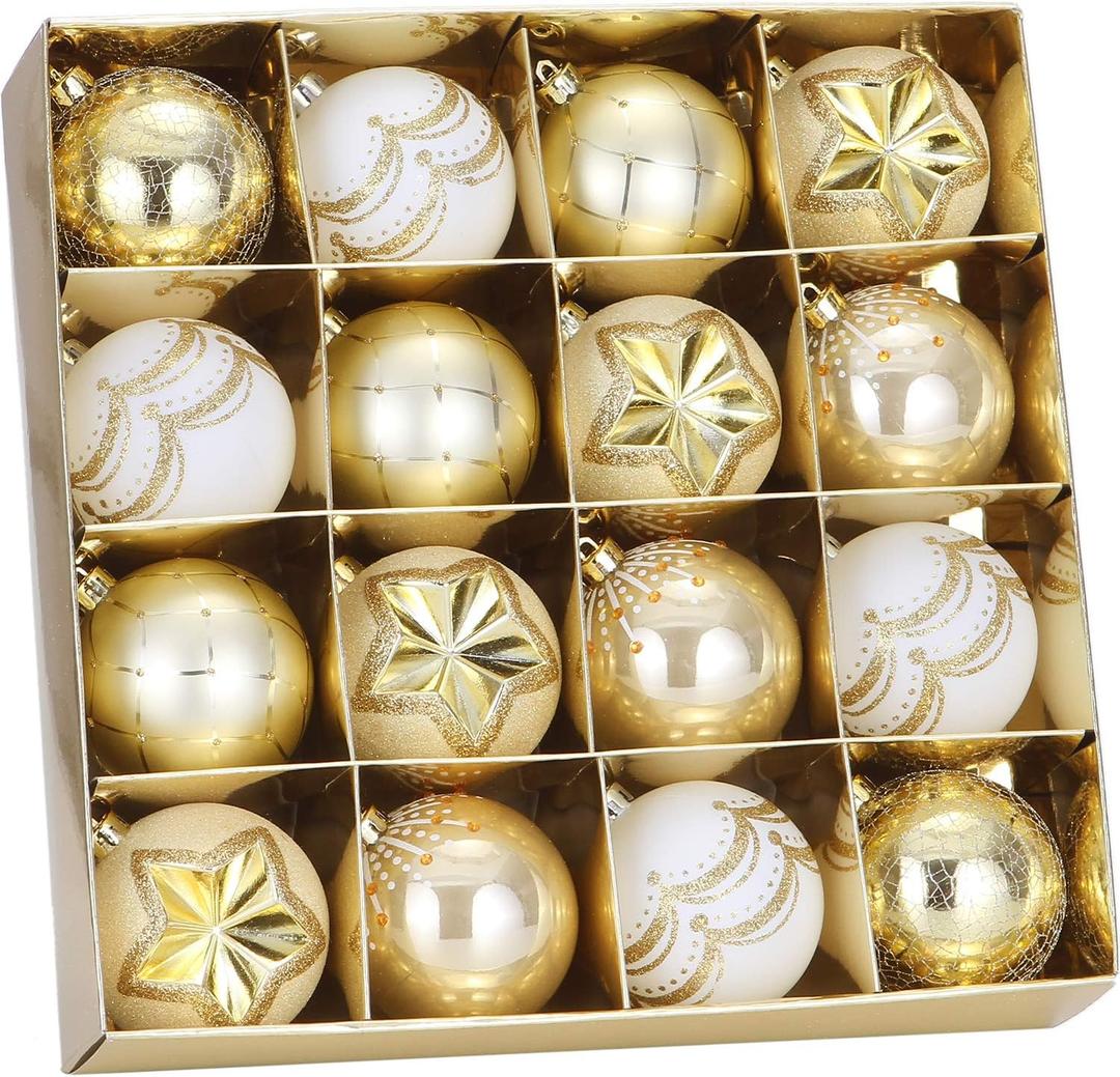 Sea Team 80mm/3.15" Set of Colorful Painted Sparkling Ornaments and Hanging Balls for Christmas Tree - 16 Pieces (Gold & White)