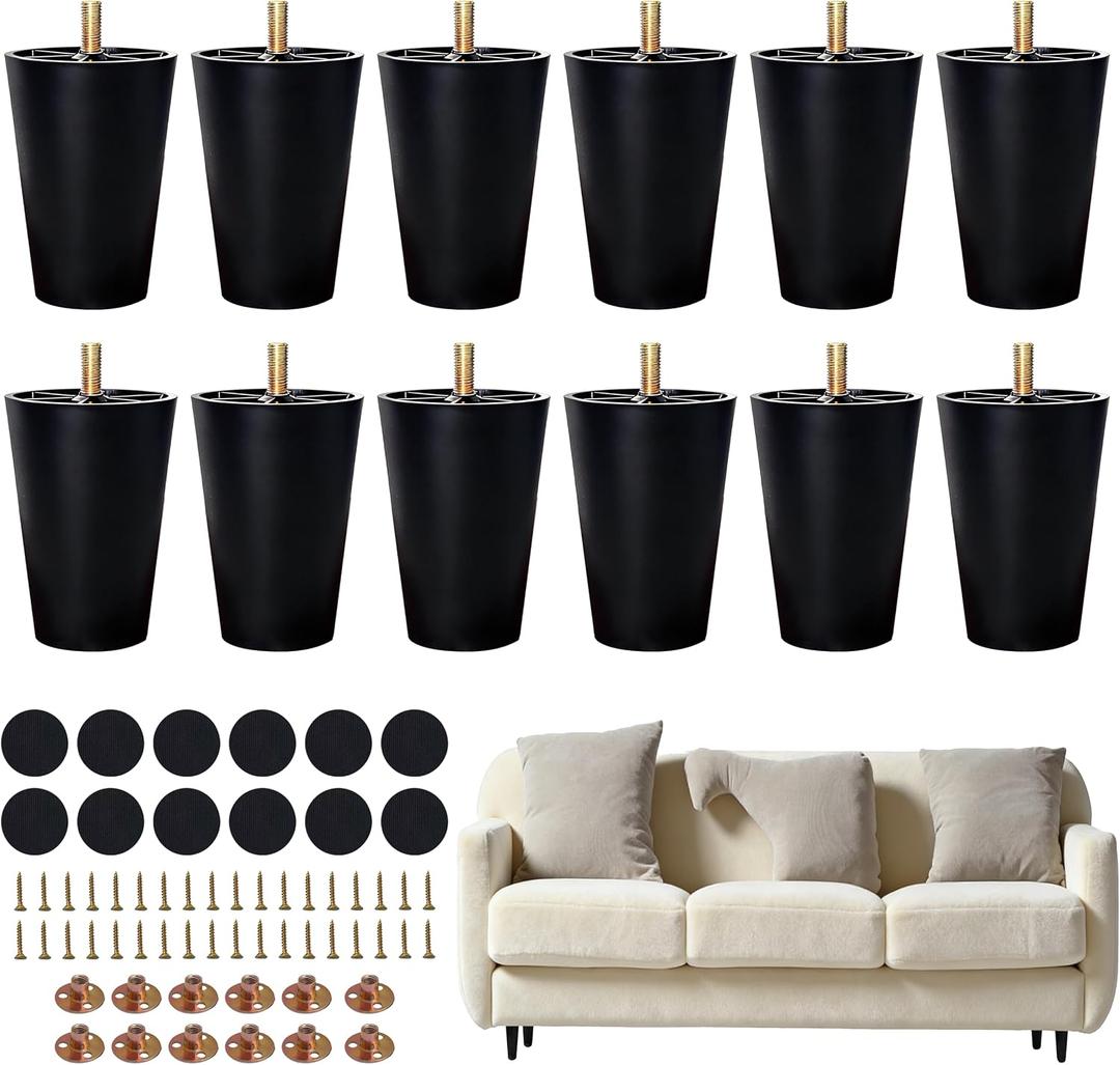 FabricJoy 12 Pack 4 Inch Plastic Furniture Legs Replacement Couch Legs Chair Feet Dresser Sofa Table Cabinet Bed Furniture Feet with M8 T-Nuts Screws Tapered for Home DIY Projects
