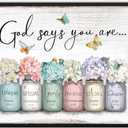 God Says You Are Wall Art: Inspirational Quotes Christian Wall Art Bible Verses Wall Decor Religious Gifts for Women Girls,Hydrangea Flower in Mason Jar Picture Poster Bedroom Decor 16"x20"