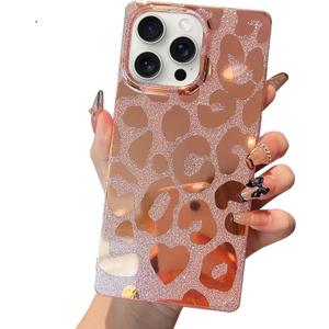 3 x Jmltech Edge Case for iPhone 15 Pro - Shockproof Glitter Bling Slim Soft Silicone Gel Flexible Protective Phone Case (Rose Gold Leopard)
