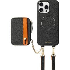 LAMEEKU for iPhone 16 Pro Case Wallet for Magsafe, Magnetic Card Holder Leather Crossbody Case with Phone Grip Stand for Women for iPhone 16 Pro 6.3'' Black