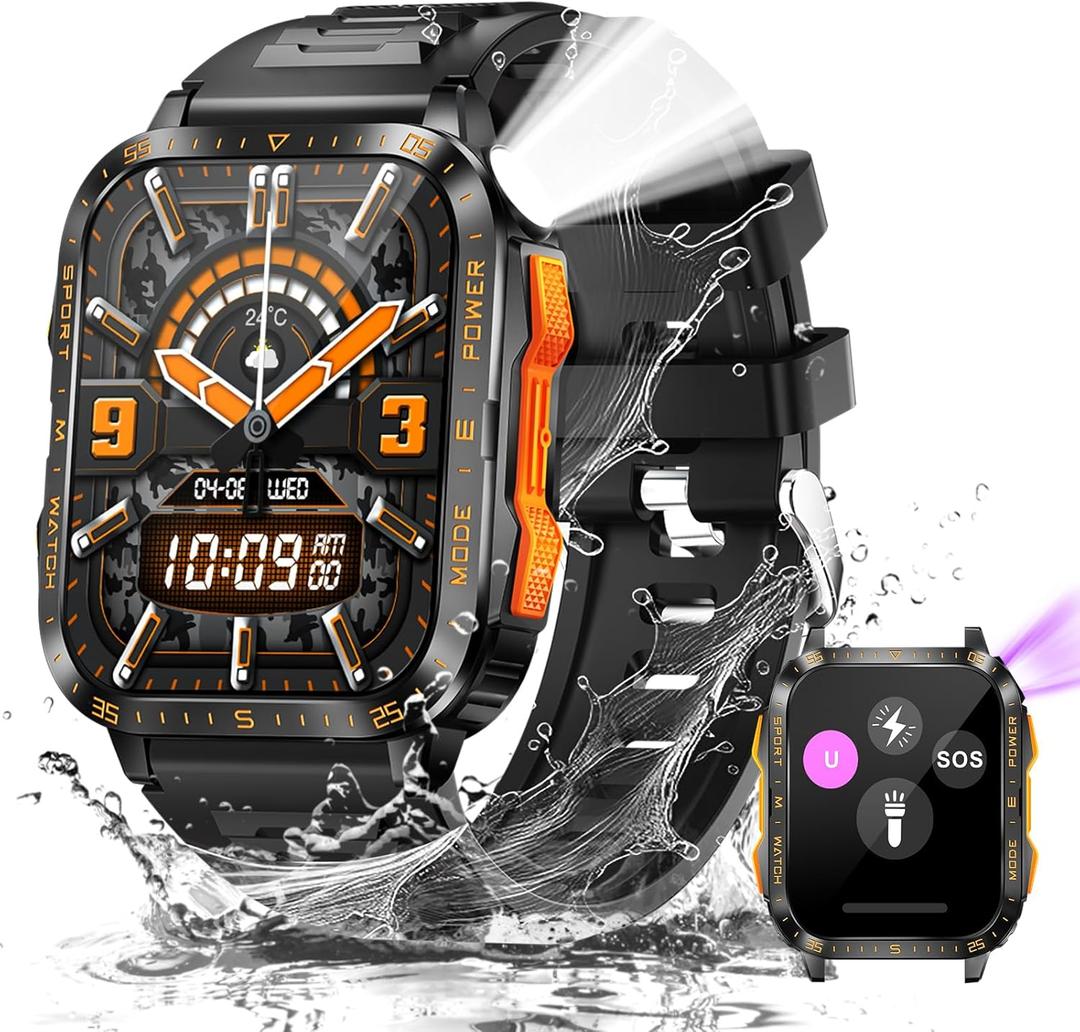 Military Smart Watch for Men with LED Flashlight/UV Light 3ATM Waterproof 1.96" Big Screen Rugged Tactical Smartwatch with Text and Call Fitness Tracker with HR/Sleep Monitor for iPhone Android (Black Orange)