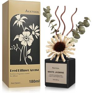 Reed Diffuser Set, White Jasmine Scented Oil with Dried Flowers, 6.09 Fl Oz(180ml) Long Lasting Air Freshener with Diffuser Sticks, Home Fragrance for Office Bathroom Decor