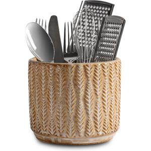 5.3-Inch Ceramic Utensil Crock Utensil Holder Countertop, Embossed Ceramic Storage Canister - with Non-Slip Cork Base, Rustic Farmhouse Multi-Purpose Desktop Organizer, Kitchen Decor(Wheat Brown)
