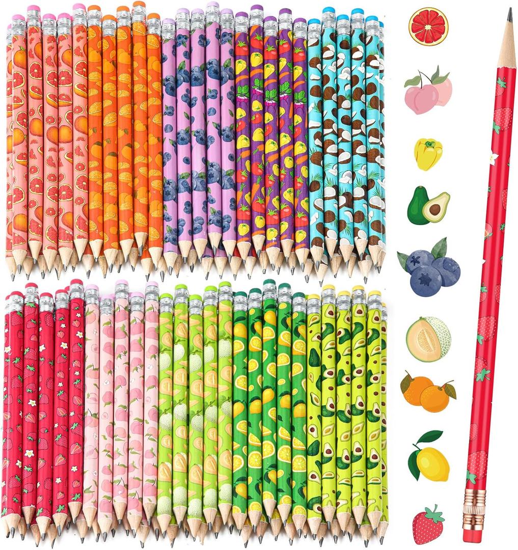 Kosiz 200 Pcs natural HB Pencils for Kids with Fruit Pattern Assortment Colorful Rainbow Pencils Bulk 10 Fruit Style Pre Sharpened Wooden Pencil with Eraser for School Student Party Favors Reward