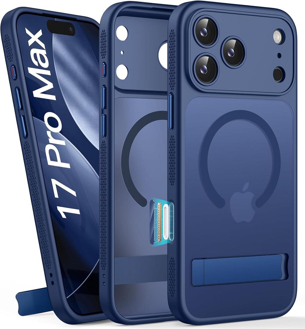 BXYJY for iPhone 17 Pro Max Magnetic Case with Stand, Camera Control, Compatible with MagSafe, Full Lens Protection, Military Grade Shockproof, Translucent Men Women Slim Thin Case for 17 Promax, Blue