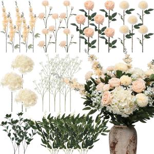 Suncalla 36 Pcs Champagne Artificial Flowers Bouquet Set 8 Kind Faux Delphinium Rose Peony Chrysanthemum Hydrangea Baby's Breath Florals with Greenery Long Stem for Wedding Table Vase Decor