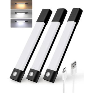 EZVALO Under Cabinet Lighting, Wireless Closet Lights, 30 LED Rechargeable Motion Sensor Light, Dimmable, 3 Color Temperatures, Counter Lights for Kitchen, Pantry, Bedroom, Wardrobe(3 Pack, Black) (8inch)