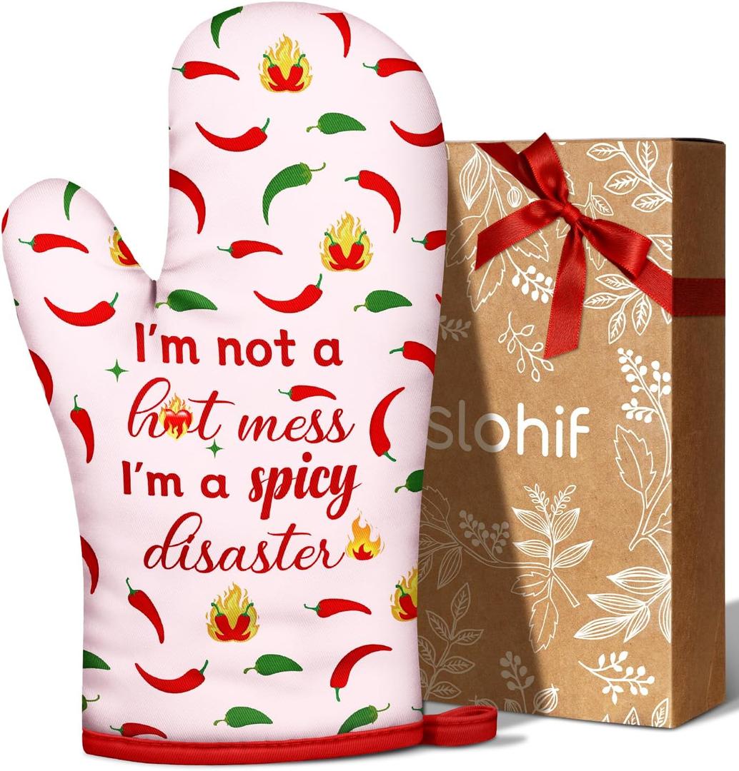 Slohif Funny Oven Mitt Heat Resistant for Women - 1 Pack Pink Cute Novelty Cool Kitchen Oven Mittens with 100% Cotton for Baking and Cooking Accessories (Hot Chili)