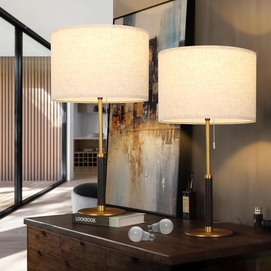 26.4" Set of 2 Modern Living Room Table Lamp for End Tables Bedside Lamps for Bedroom 3-Color Temperatures Pull Chain Switch Lamp Wood Fabric for Home/Office/Desk Decor (Light Brown+Brass)