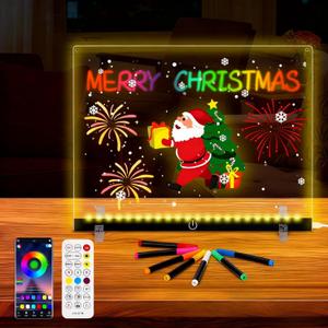 Doodle Glow, LED Note Board with Colors, 14.1"x10.9" Wooshneesham Acrylic Dry Erase Board, 16M-Color LED Light-Up Memo w/Music Sync, APP & Remote, Stand & 7 Markers, Battery Case, Neon Glow (Black)