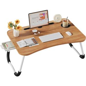 Lap Desk Bed Trays for Eating and Laptops Breakfast in Bed Tray for Sofa/Couch/Study/Reading/Writing with Cup Holder/Drawer On Low Sitting Floor Large Portable Foldable (Walnut Beige)