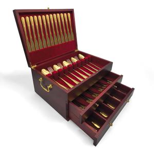 Silverware Storage Box, Kitchen Drawer Organizer, Drawer-containing Flap-type Storage Box, Wood Chest, with Tarnish Proof Felt Lined, Storage Silver Chest for Kitchen (3 Layer)