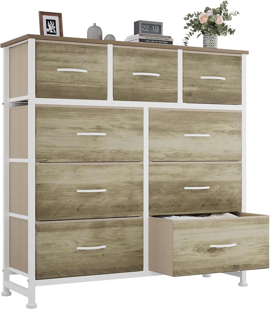 OLIXIS 9 Drawer Storage Dresser with Wood Top - Wide Fabric Chest Organizer for Bedroom, Closet, Living Room,Tower Cabinet, TV Stand, Hallway Entryway Furniture,Oak Greige, 11.8"D x 39.6"W x 39.4"H